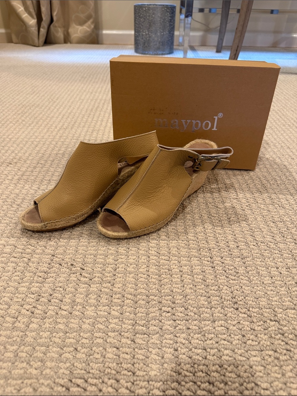 Maypol Tan Leather Peep-Toe Espadrille Wedges